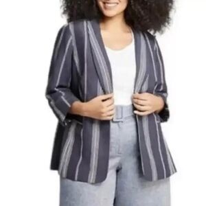 Lane Bryant The Bryant Blazer Linen Navy Blue Striped Jacket Womens 26